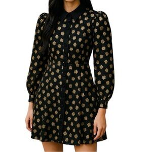 Zara Puff Sleeve Metallic Floral Black and Gold Patterned Dress